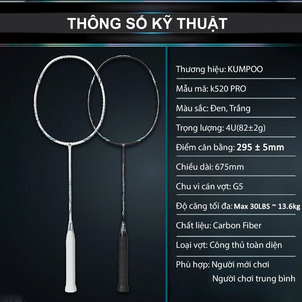 Vợt cầu lông Kumpoo K520 pro chính hãng carbon 4U công thủ toàn diện căng sẵn cước, tặng quấn cán túi vợt mọi người chơi